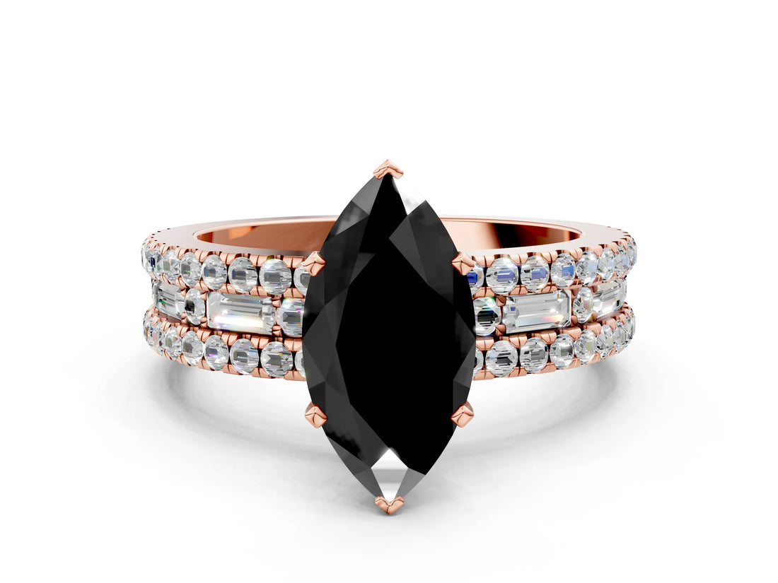 Rose gold Fancy Black Marquise Cut Diamond Solitaire Ring with Pavé and Channel Set Band