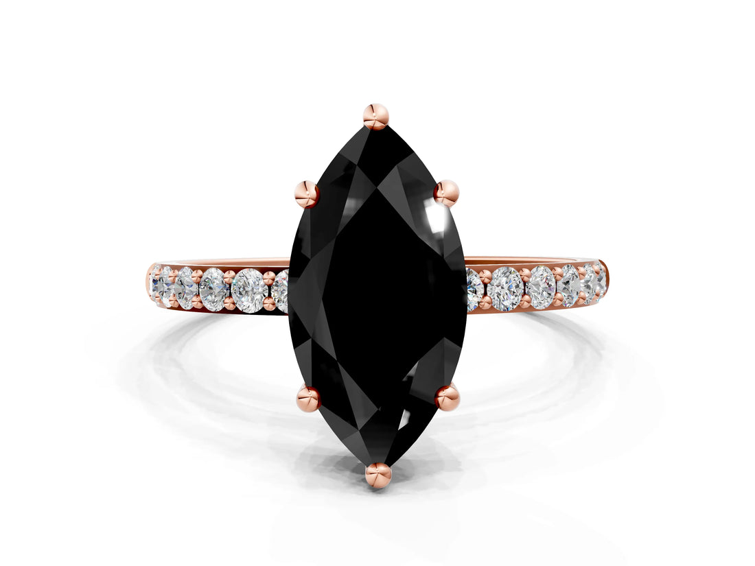 Rose gold Fancy Black Marquise Cut Diamond Solitaire Ring with Pave Band and Four Prong Setting_12