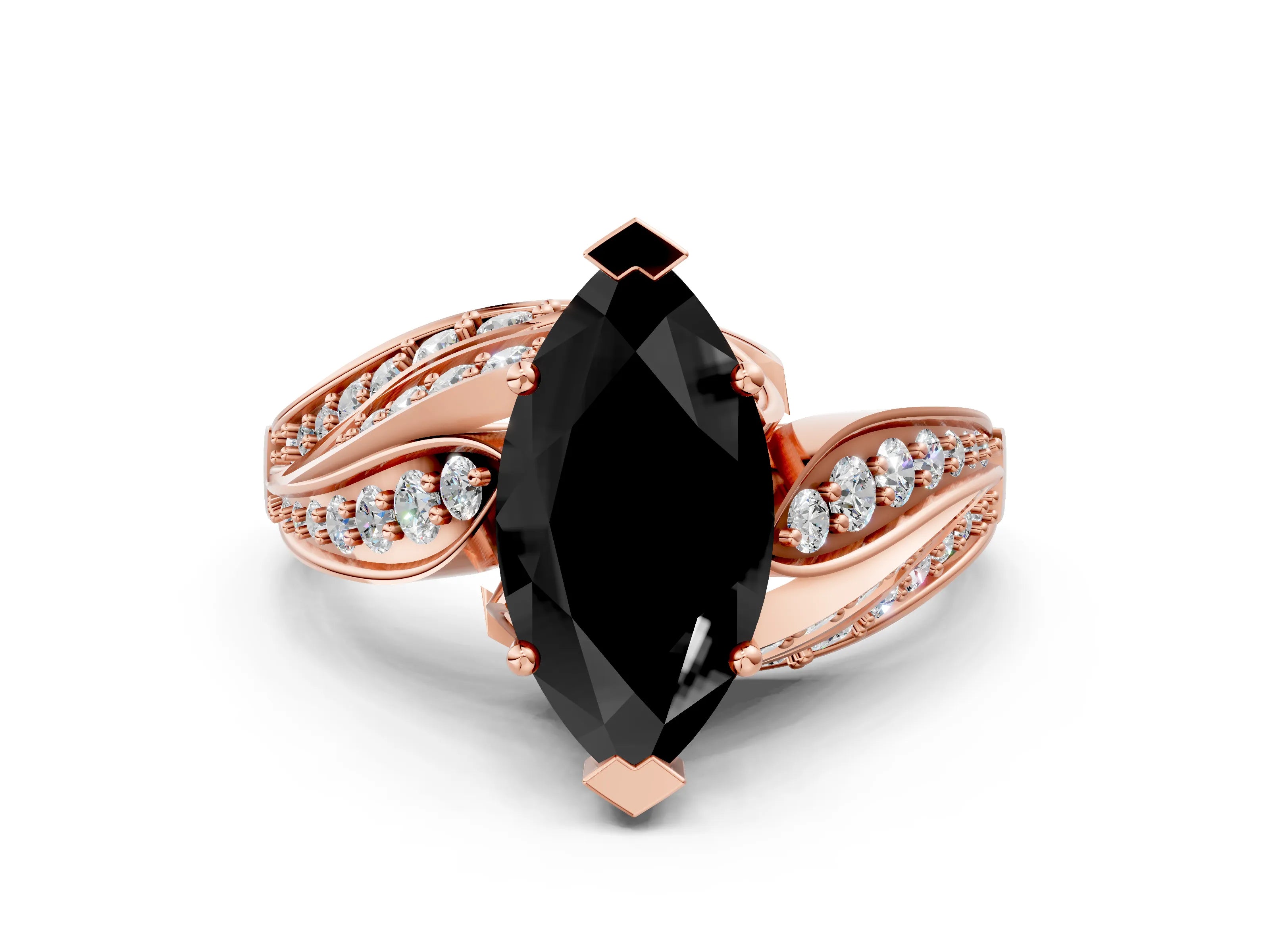 Rose gold Fancy Black Marquise Cut Diamond Solitaire Ring with Prong Setting and Twisted Pavé Band_12