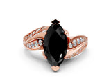 Rose gold Fancy Black Marquise Cut Diamond Solitaire Ring with Prong Setting and Twisted Pavé Band_12