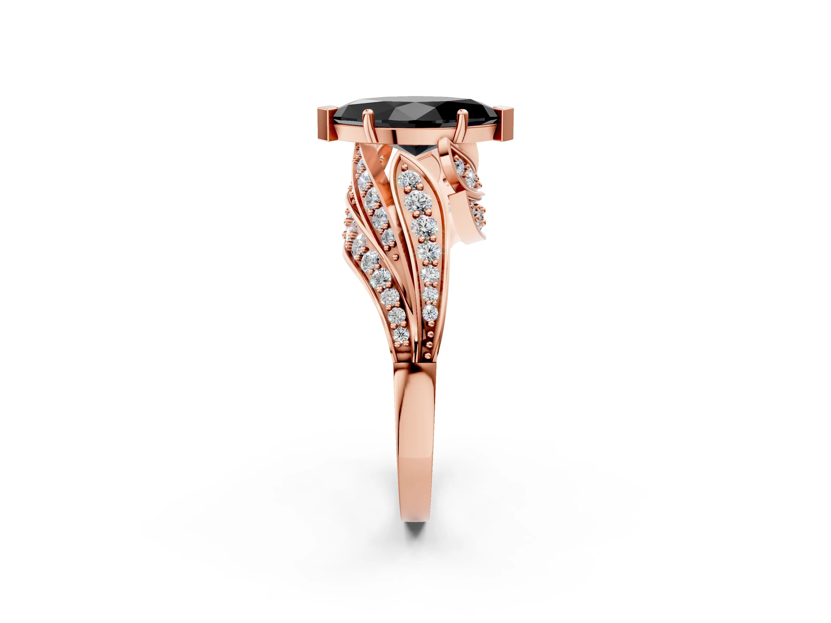 Rose gold Fancy Black Marquise Cut Diamond Solitaire Ring with Prong Setting and Twisted Pavé Band_14