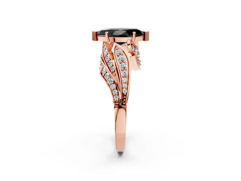 Rose gold Fancy Black Marquise Cut Diamond Solitaire Ring with Prong Setting and Twisted Pavé Band_14