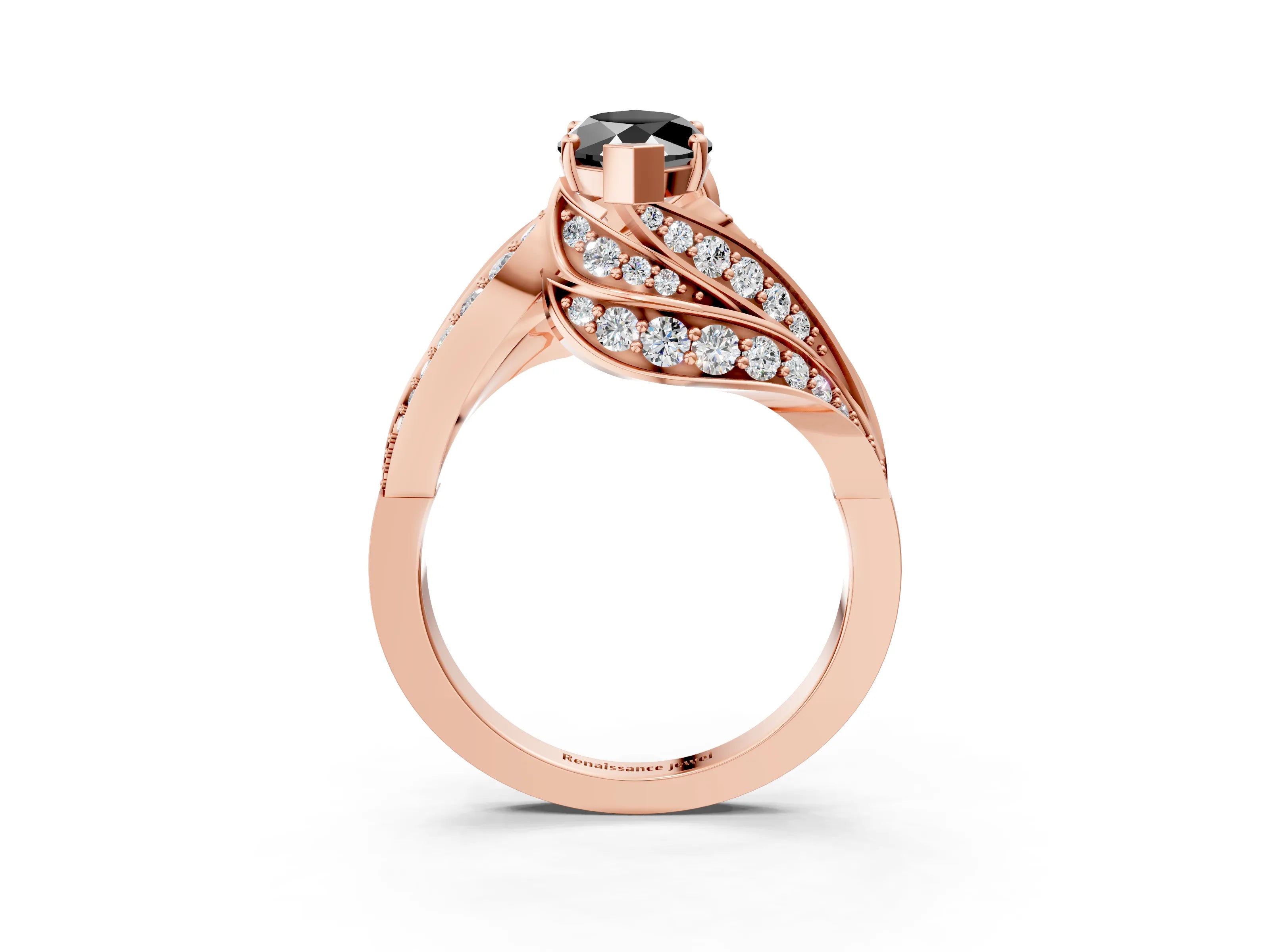 Rose gold Fancy Black Marquise Cut Diamond Solitaire Ring with Prong Setting and Twisted Pavé Band_15
