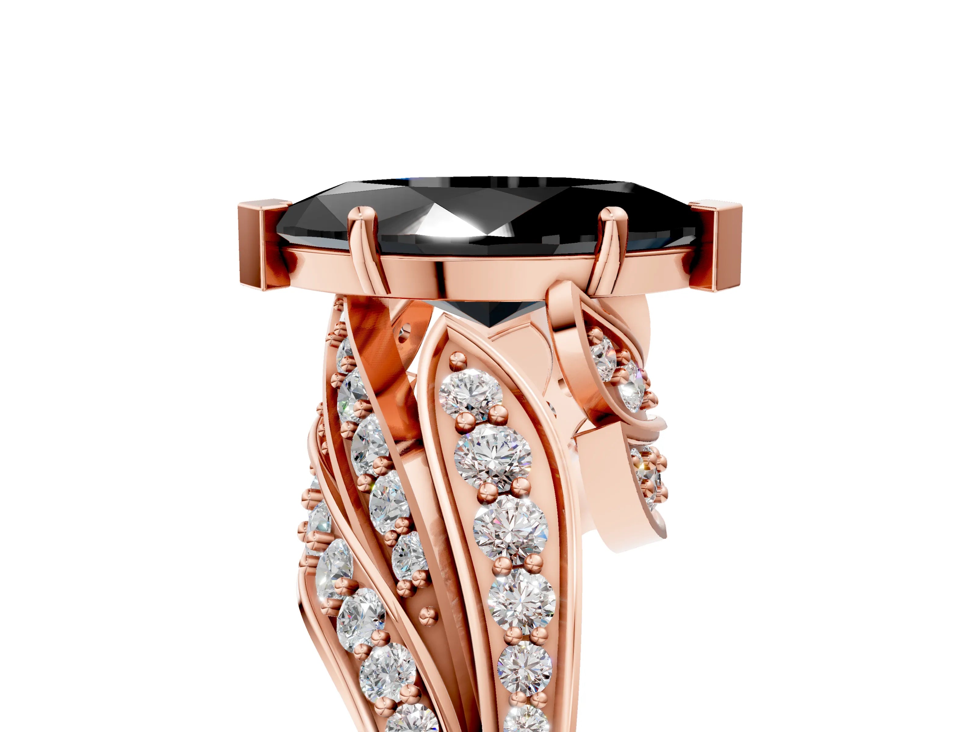 Rose gold Fancy Black Marquise Cut Diamond Solitaire Ring with Prong Setting and Twisted Pavé Band_17