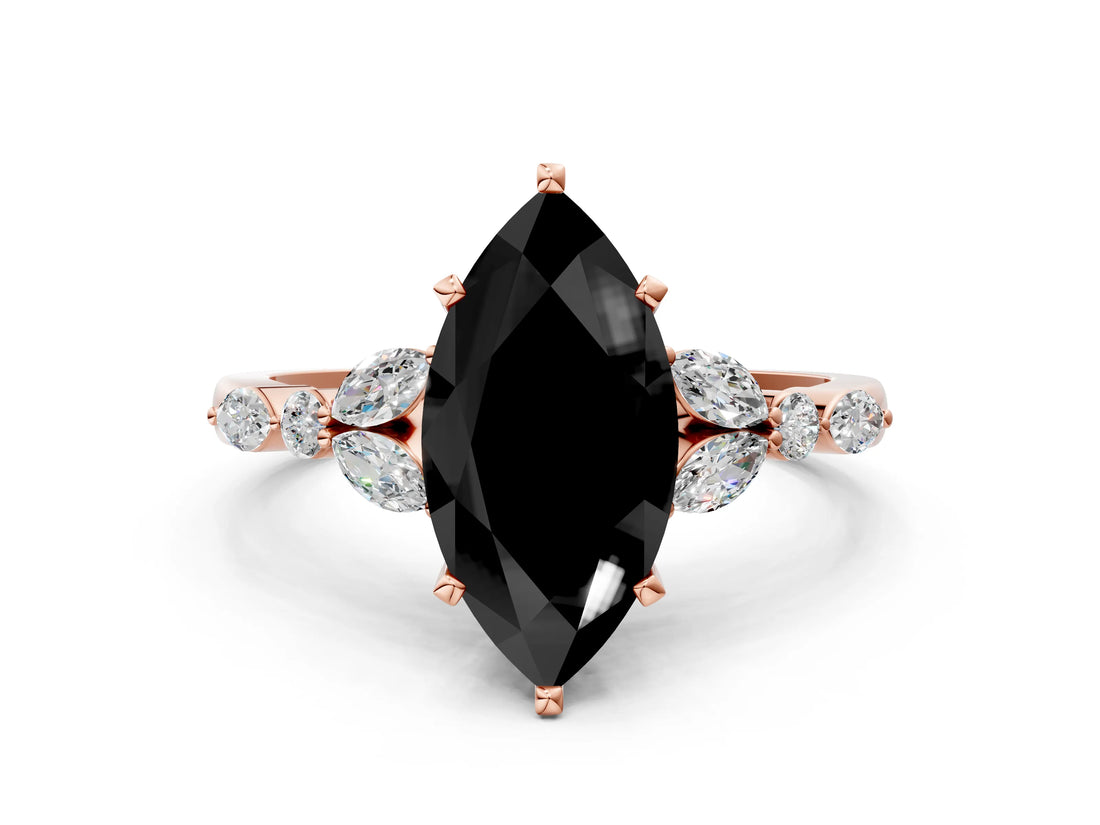 Rose gold Fancy Black Marquise Cut Diamond Solitaire Ring with Side Stones and Four-Prong Setting_24