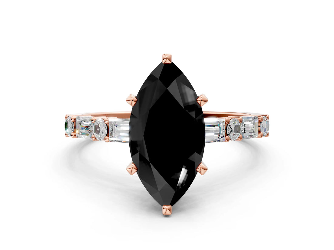 Rose gold Fancy Black Marquise Cut Diamond Solitaire with Side Baguettes and Channel Set Band
