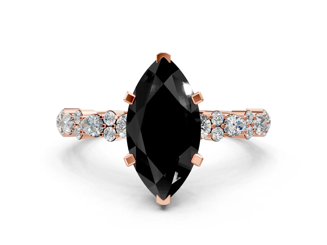 Rose gold Fancy Black Marquise Cut Diamond Solitaire with Side Stones, Pave Band, Four-Prong Setting_24