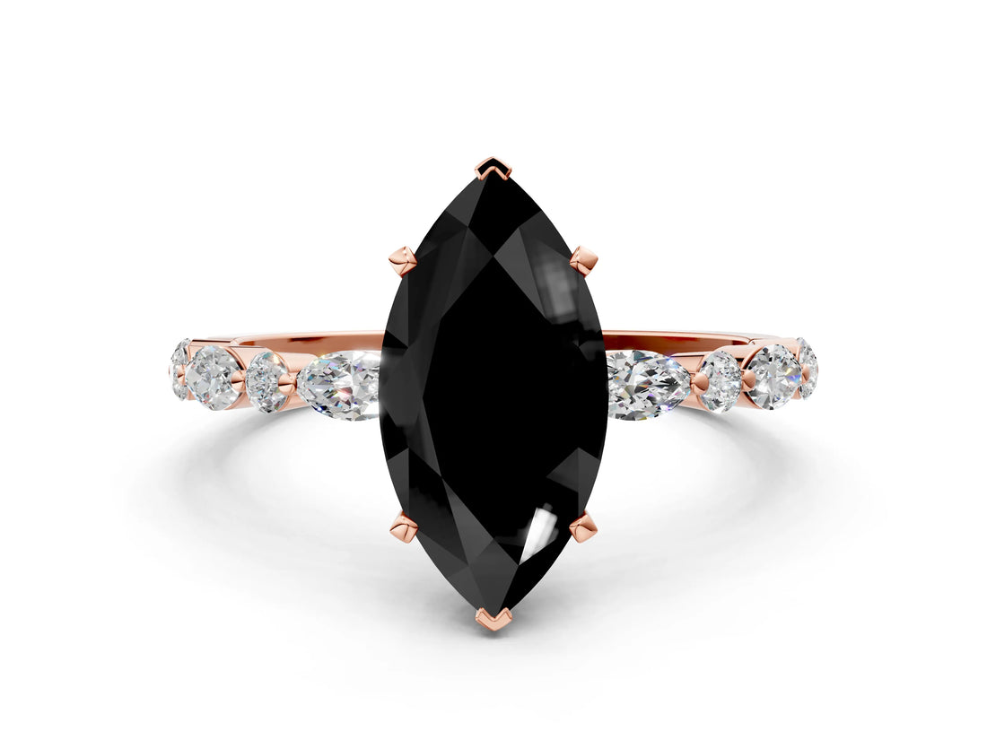 Rose gold Fancy Black Marquise Cut Diamond Solitaire with Side Stones on a Pavé Band and Four-Prong Setting