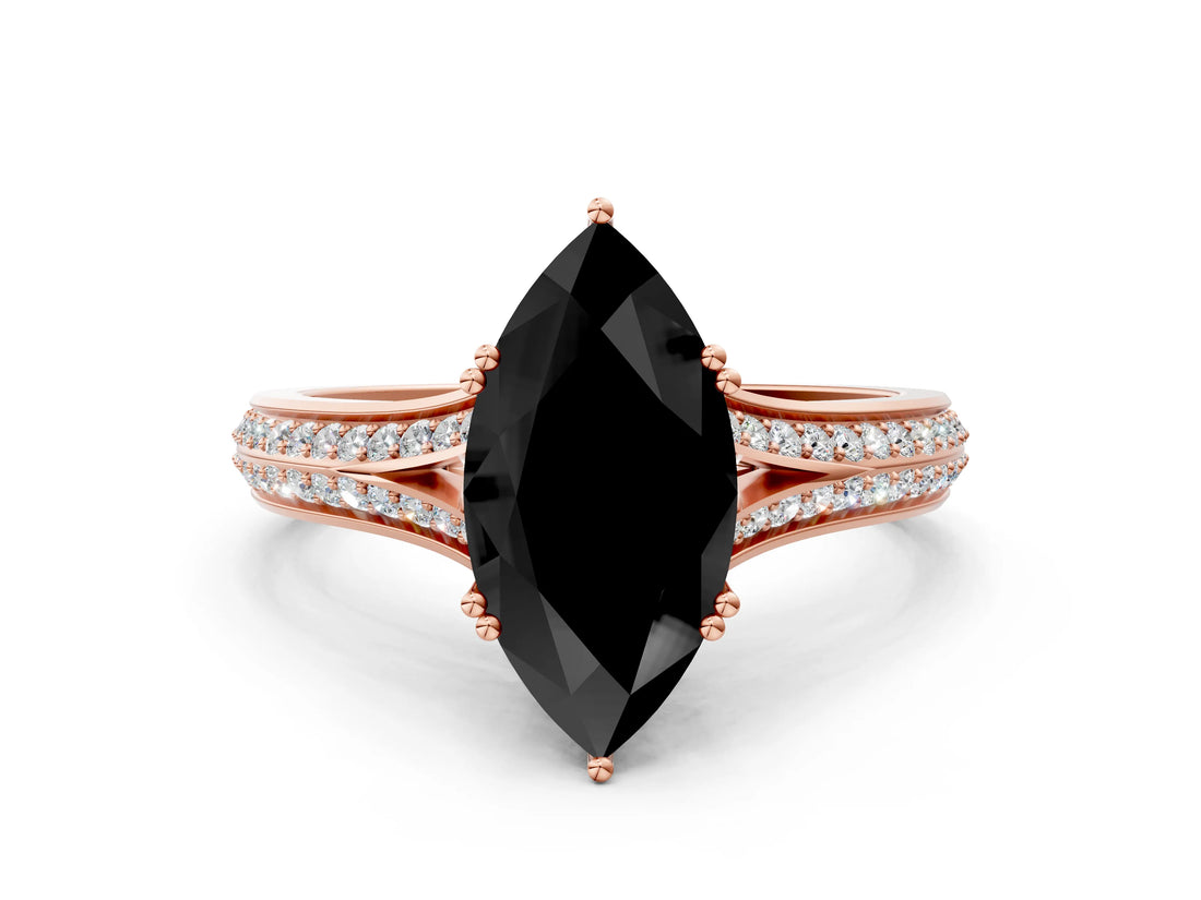 Rose gold Fancy Black Marquise Cut Diamond Split Shank Engagement Ring with Pavé Band