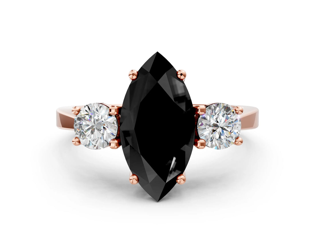 Rose gold Fancy Black Marquise Cut Diamond Three-Stone Engagement Ring with Prong Setting and Pavé Band