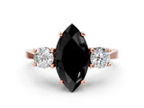 Rose gold Fancy Black Marquise Cut Diamond Three-Stone Engagement Ring with Prong Setting and Pavé Band