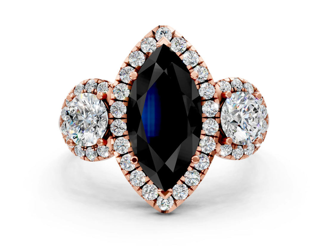 Rose gold Fancy Black Marquise Cut Diamond Three-Stone Halo Ring with Prong Setting and Pavé Accents