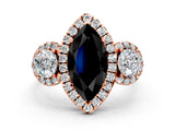 Rose gold Fancy Black Marquise Cut Diamond Three-Stone Halo Ring with Prong Setting and Pavé Accents