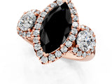 Rose gold Fancy Black Marquise Cut Diamond Three-Stone Halo Ring with Prong Setting and Pavé Accents_1