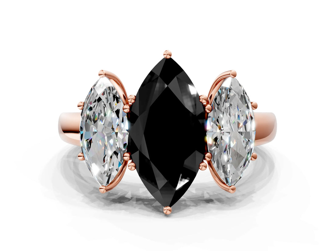 Rose gold Fancy Black Marquise Cut Diamond Three-Stone Ring with Four-Prong Setting and Classic Band