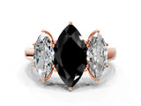 Rose gold Fancy Black Marquise Cut Diamond Three-Stone Ring with Four-Prong Setting and Classic Band