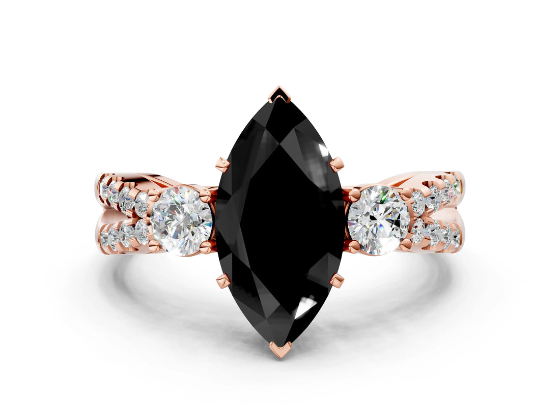 Rose gold Fancy Black Marquise Cut Diamond Three-Stone Ring with Pavé Split Shank and Four-Prong Setting