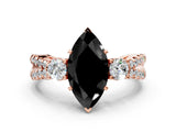 Rose gold Fancy Black Marquise Cut Diamond Three-Stone Ring with Pavé Split Shank and Four-Prong Setting
