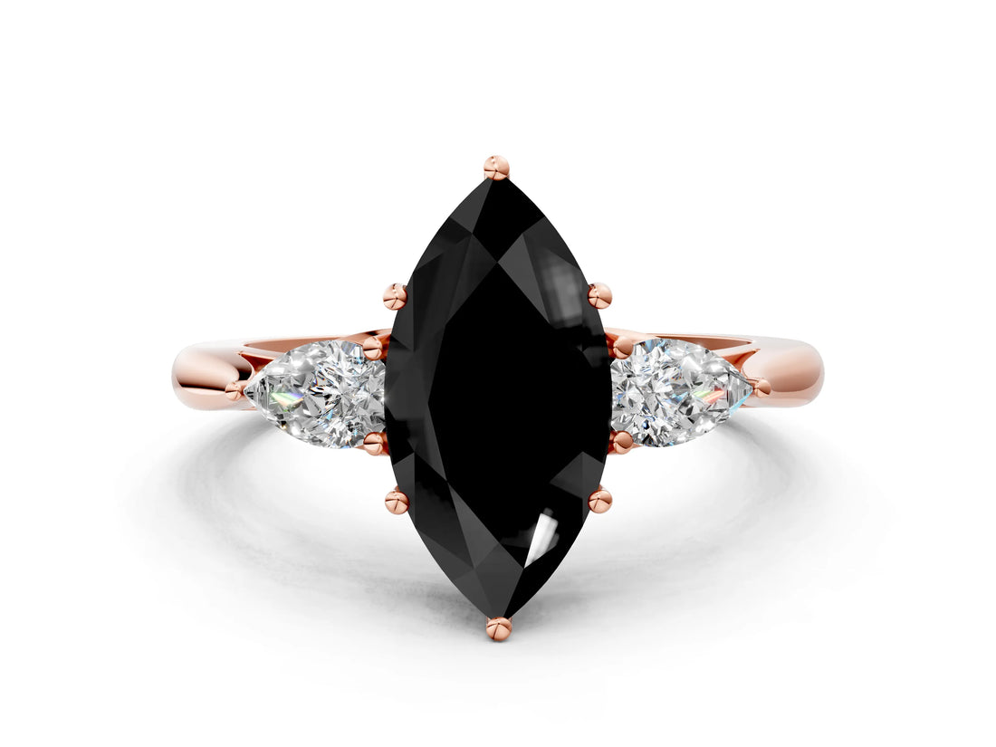 Rose gold Fancy Black Marquise Cut Diamond Three-Stone Ring with Pear Side Stones and Four-Prong Setting_24