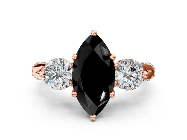 Rose Gold Marquise Curved Pave Three Stone Engagement Ring Setting for Black Center