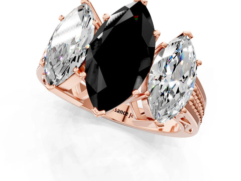 Rose gold Fancy Black Marquise Cut Diamond Three-Stone Ring with Prong Setting and Textured Band_1