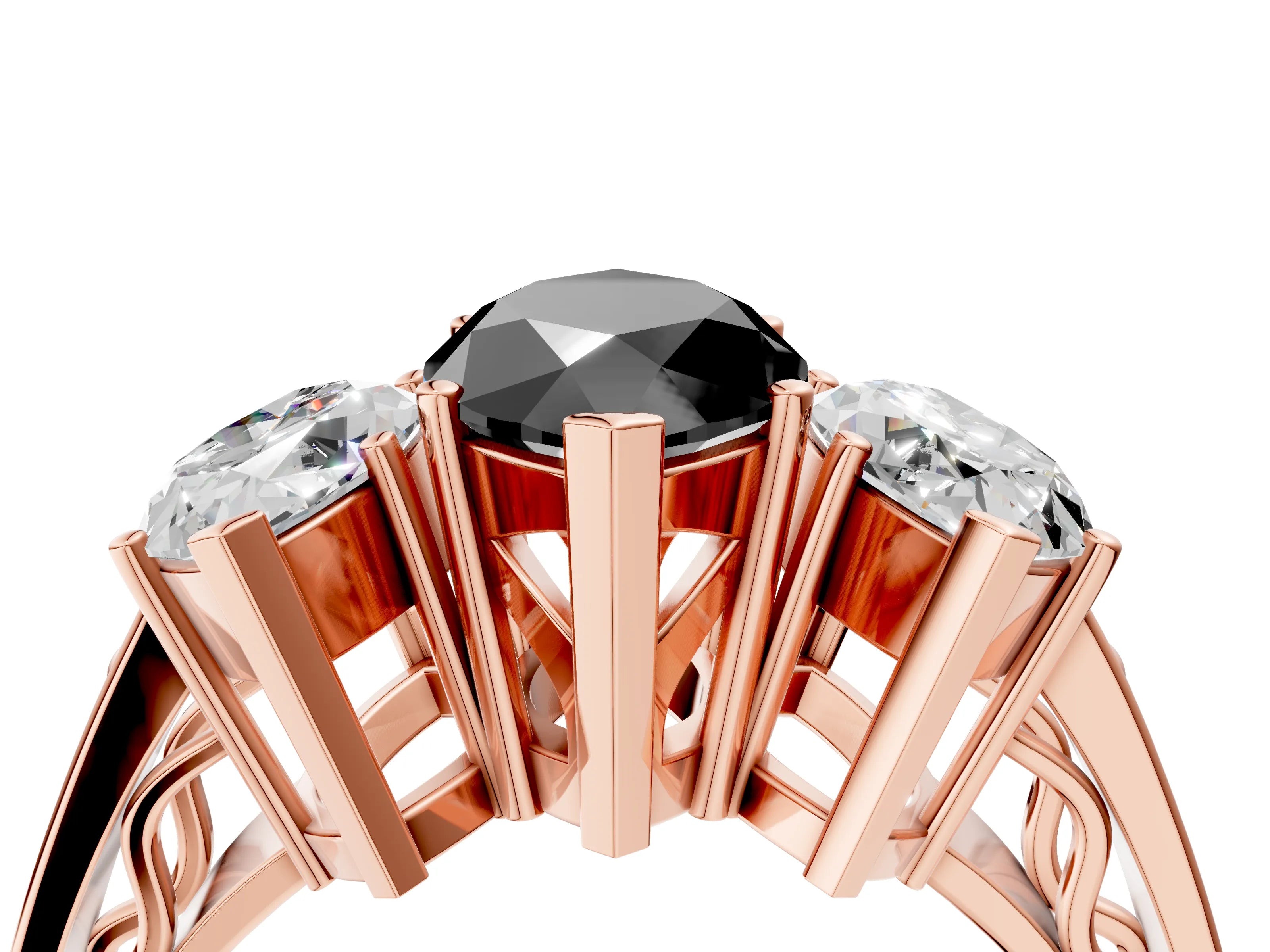 Rose gold Fancy Black Marquise Cut Diamond Three-Stone Ring with Prong Setting and Textured Band_4