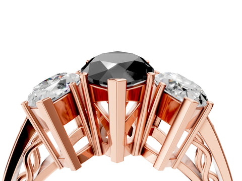 Rose gold Fancy Black Marquise Cut Diamond Three-Stone Ring with Prong Setting and Textured Band_4