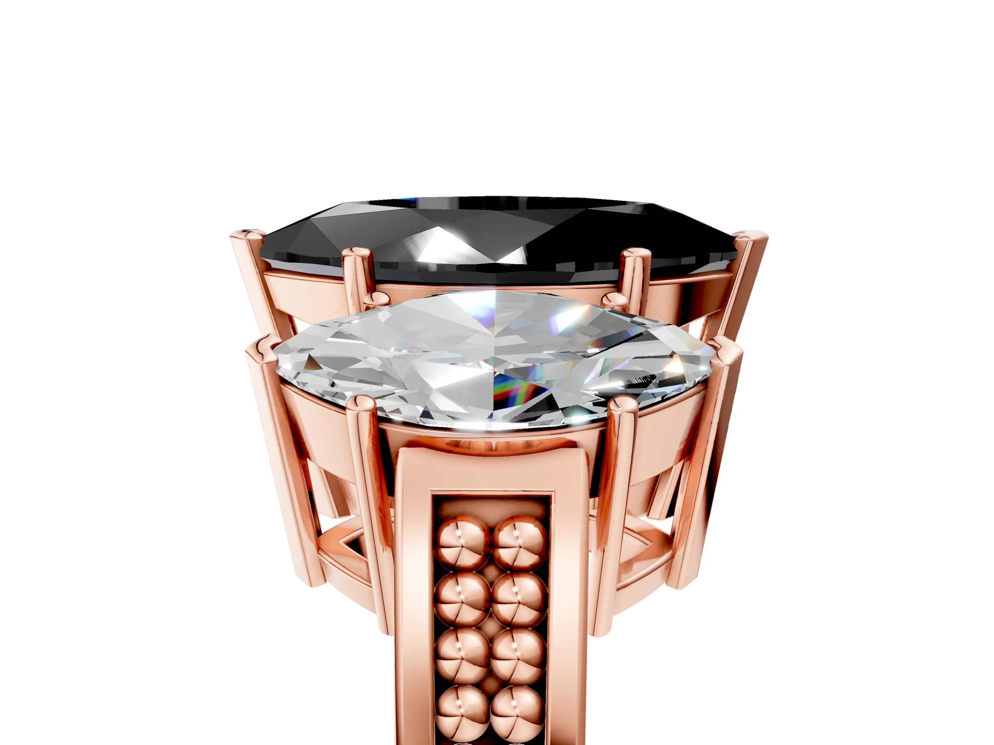 Rose gold Fancy Black Marquise Cut Diamond Three-Stone Ring with Prong Setting and Textured Band_5