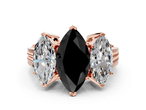 Rose gold Fancy Black Marquise Cut Diamond Three-Stone Ring with Prong Setting and Textured Band