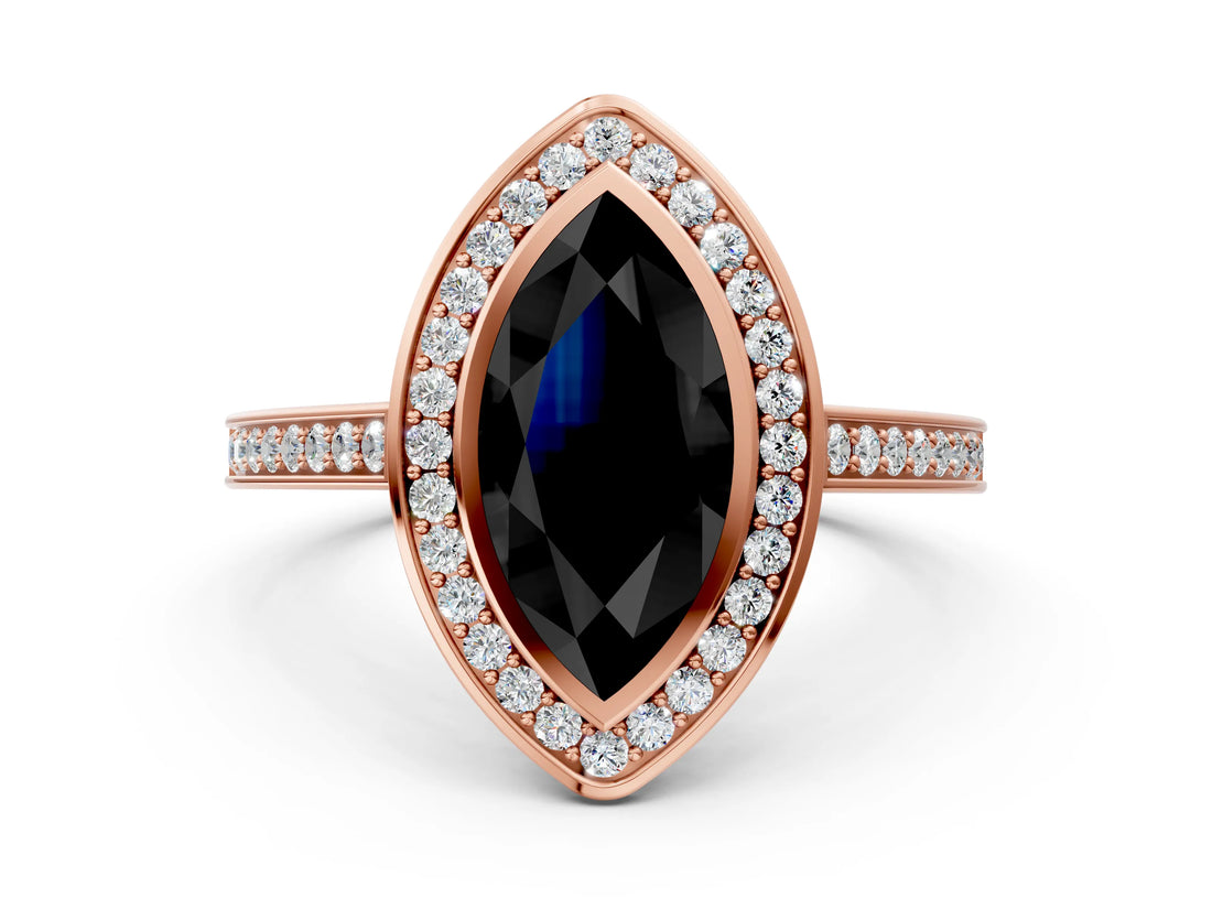 Rose gold Fancy Black Marquise Cut Halo Bezel Diamond Pave Band Ring