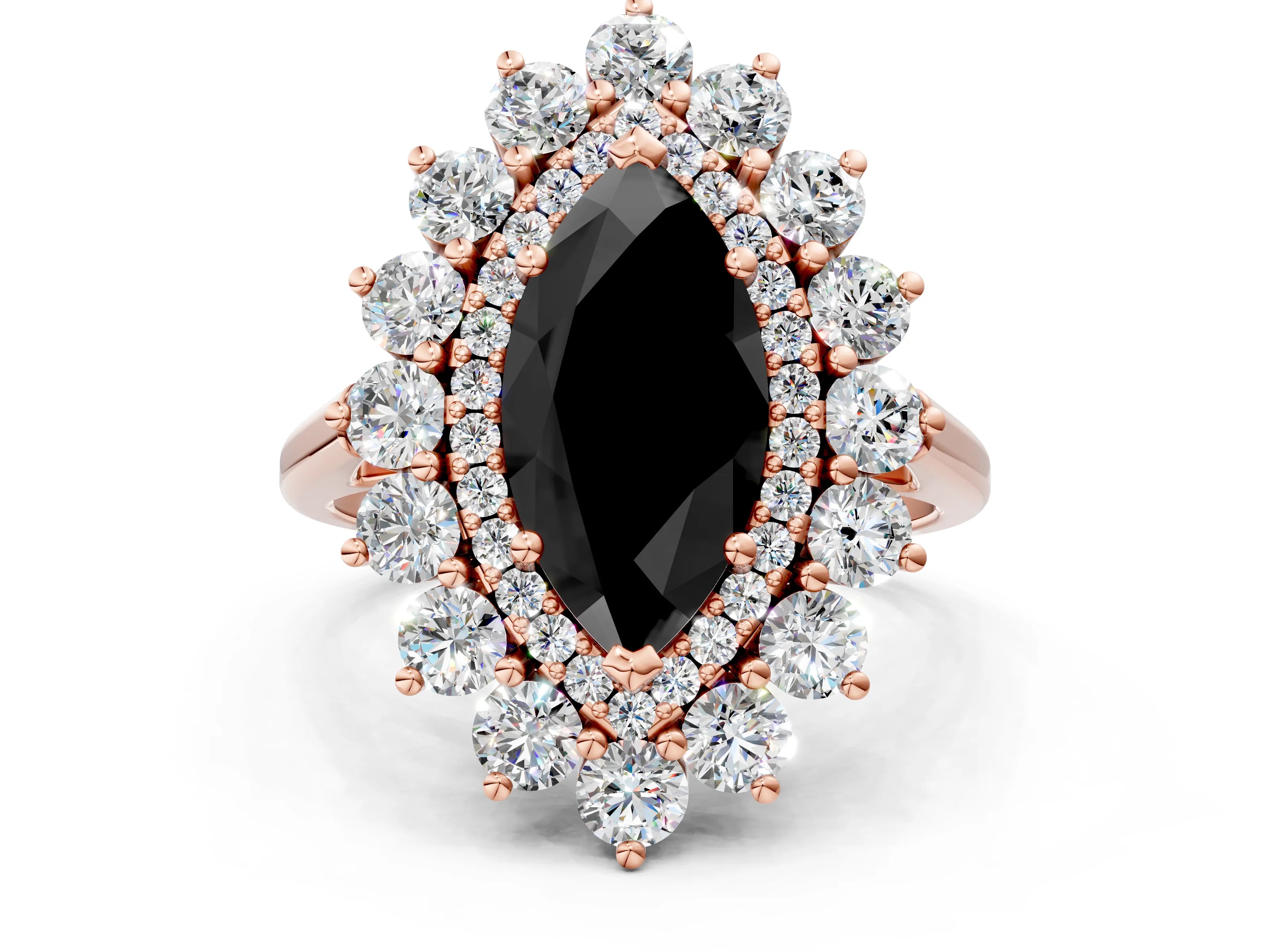 Rose gold Fancy Black Marquise Cut Halo Cluster Diamond Ring with Pave Band and Four-Prong Setting