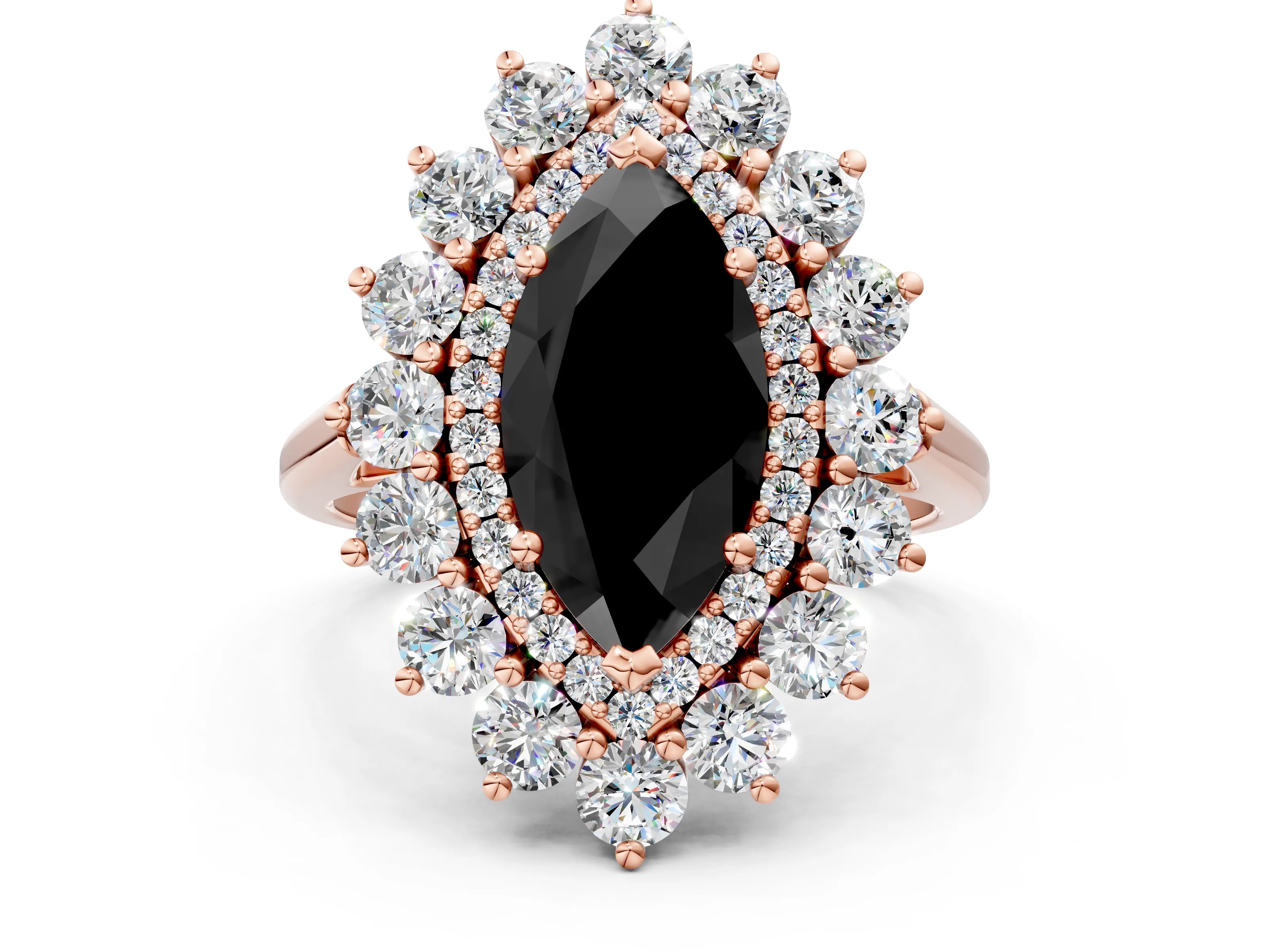 Rose gold Fancy Black Marquise Cut Halo Cluster Diamond Ring with Pave Band and Four-Prong Setting_12