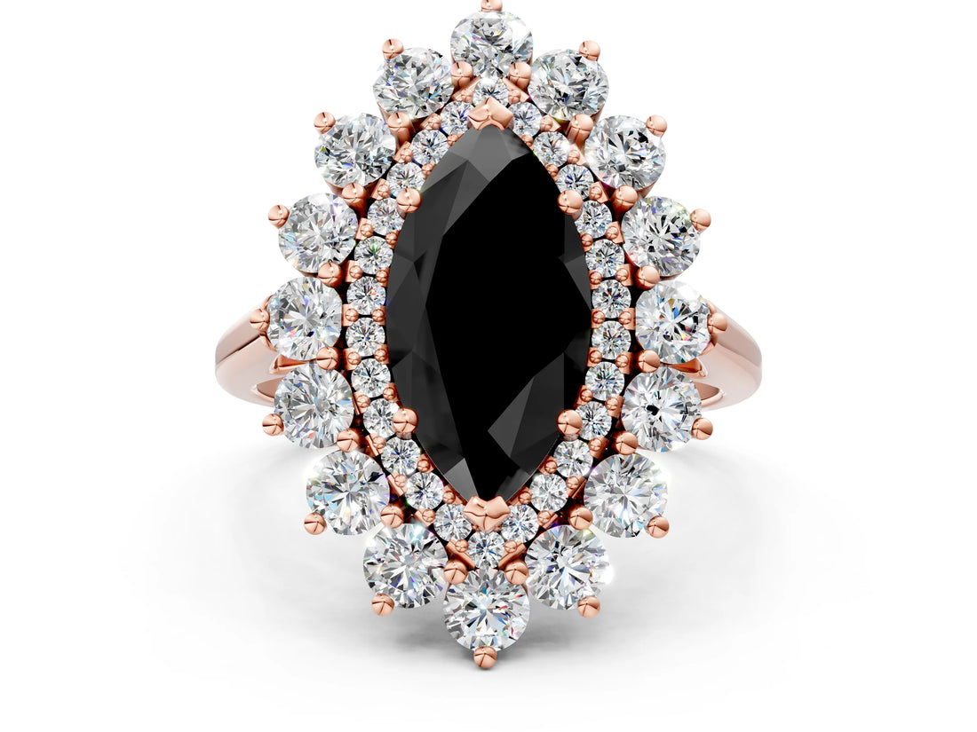 Rose gold Fancy Black Marquise Cut Halo Cluster Diamond Ring with Pave Band and Four-Prong Setting_12