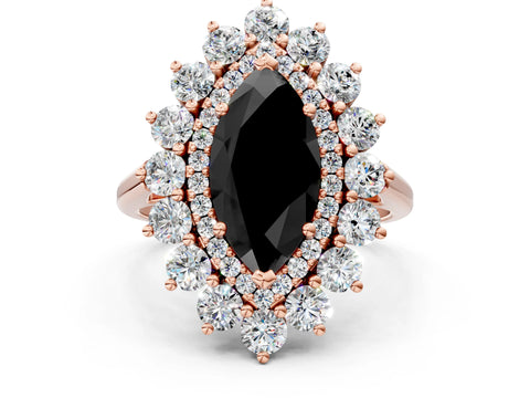 Rose gold Fancy Black Marquise Cut Halo Cluster Diamond Ring with Pave Band and Four-Prong Setting_12