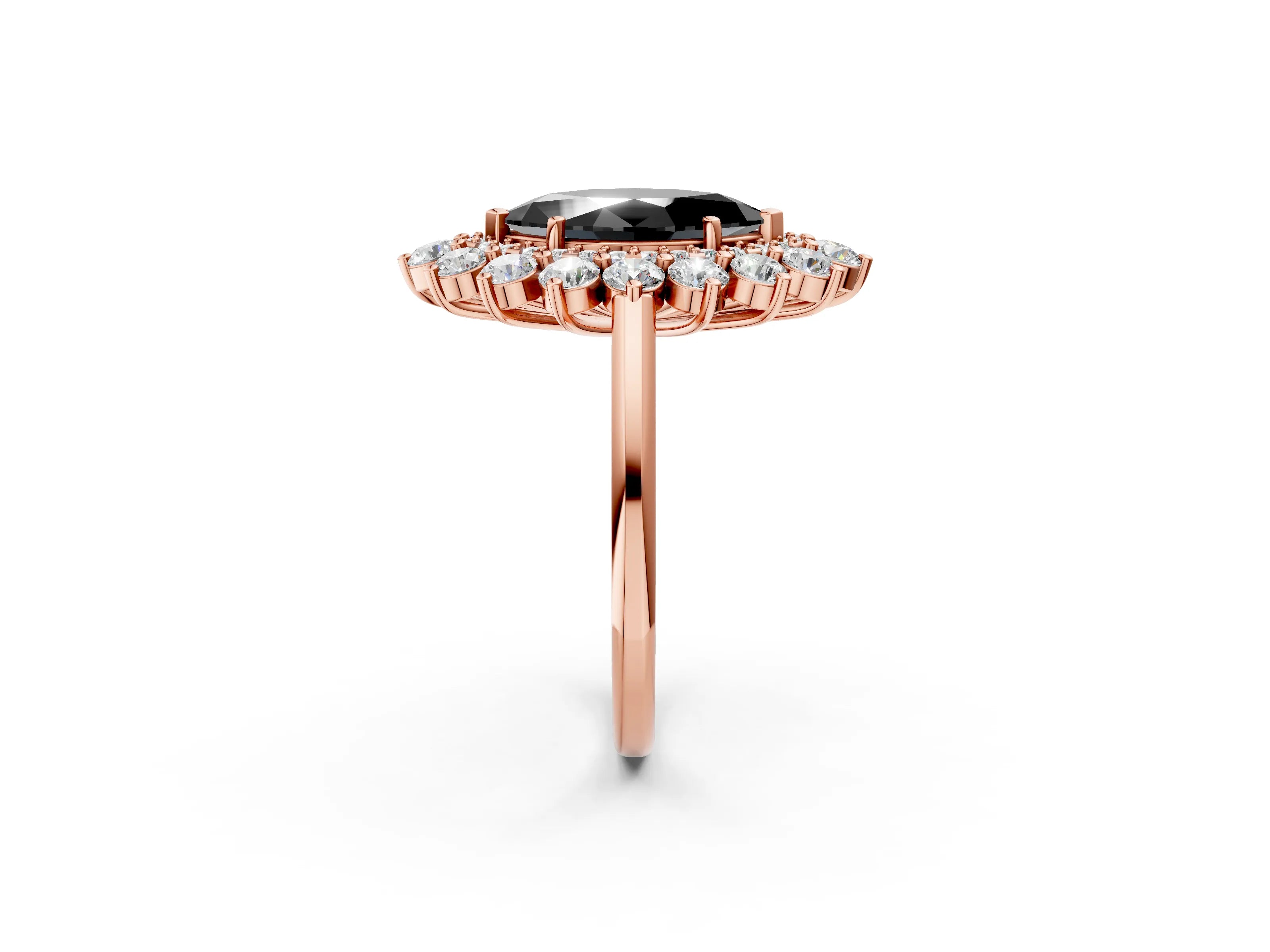 Rose gold Fancy Black Marquise Cut Halo Cluster Diamond Ring with Pave Band and Four-Prong Setting_14