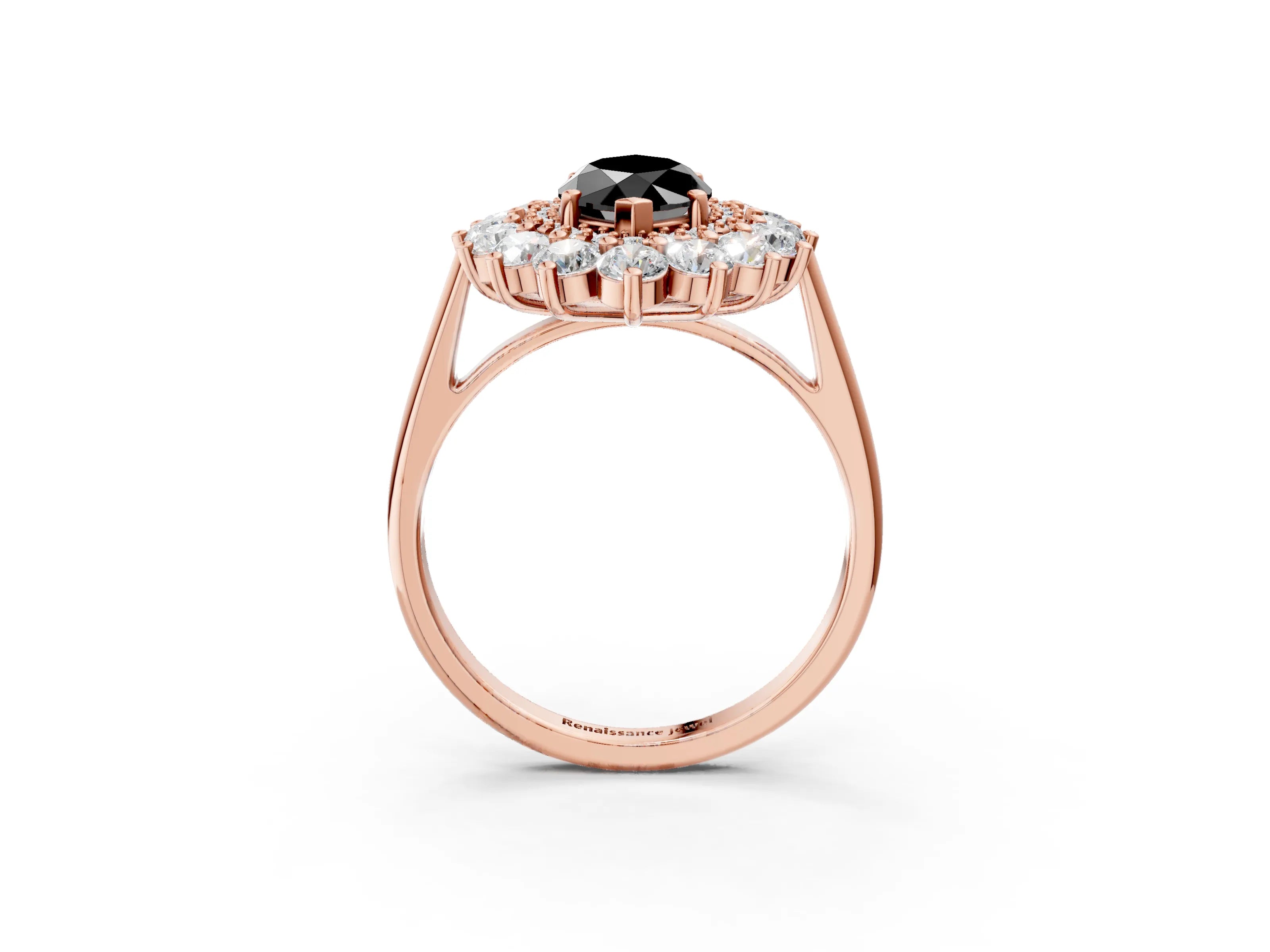 Rose gold Fancy Black Marquise Cut Halo Cluster Diamond Ring with Pave Band and Four-Prong Setting_15