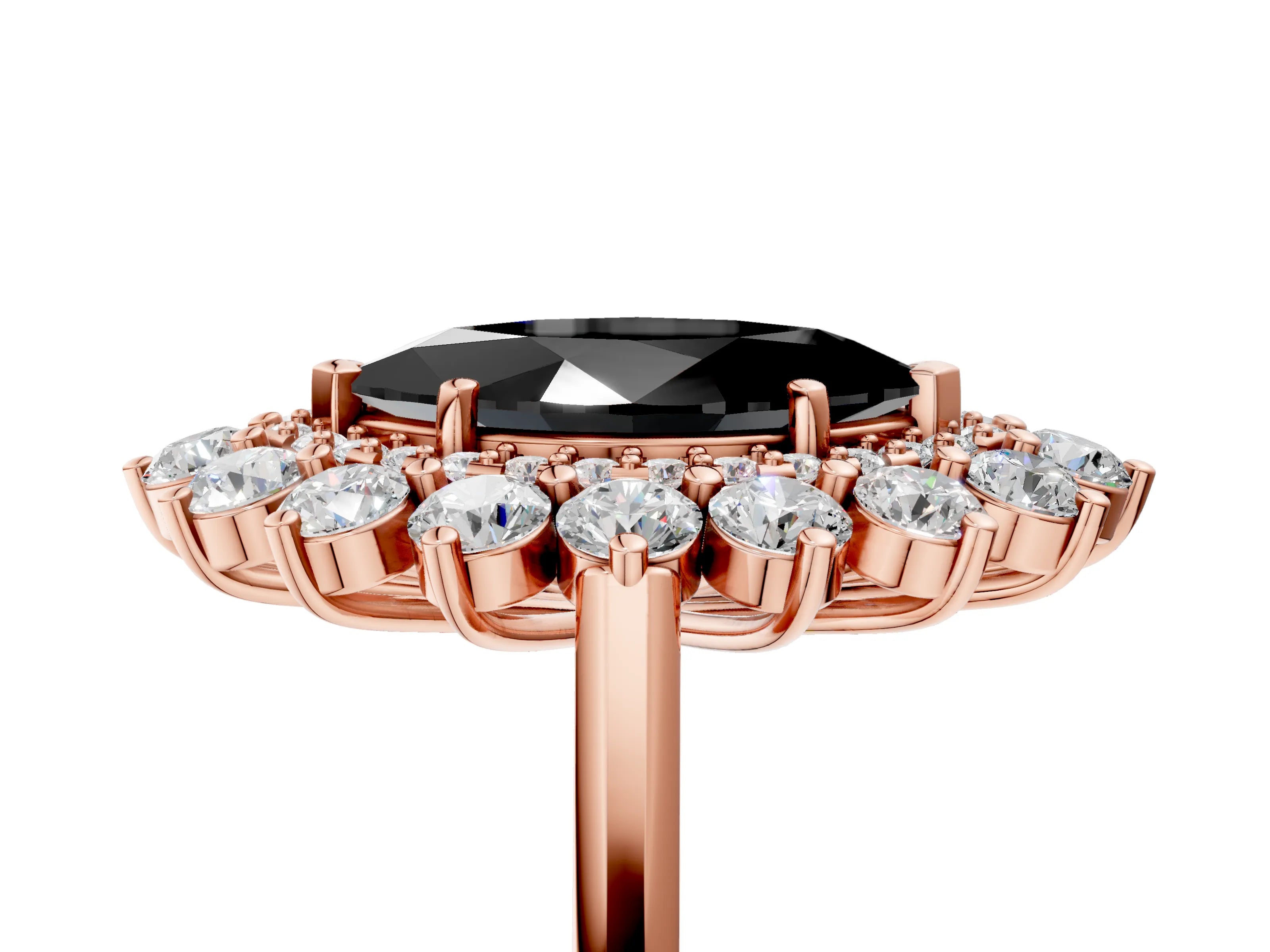 Rose gold Fancy Black Marquise Cut Halo Cluster Diamond Ring with Pave Band and Four-Prong Setting_17