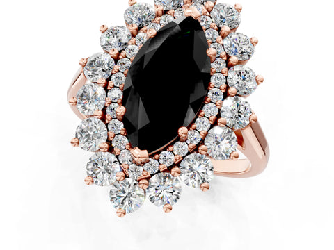 Rose gold Fancy Black Marquise Cut Halo Cluster Diamond Ring with Pave Band and Four-Prong Setting_1
