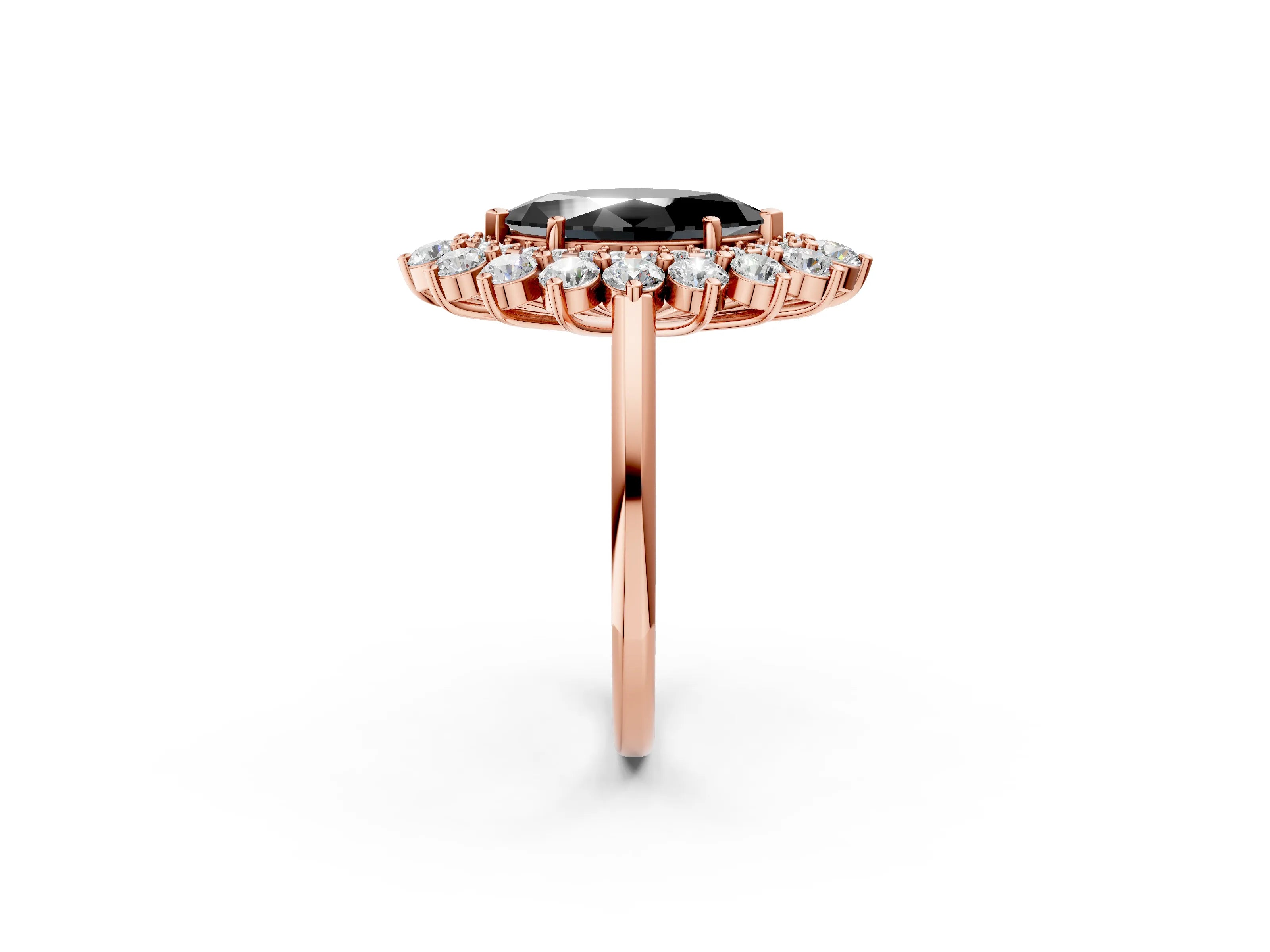 Rose gold Fancy Black Marquise Cut Halo Cluster Diamond Ring with Pave Band and Four-Prong Setting_2