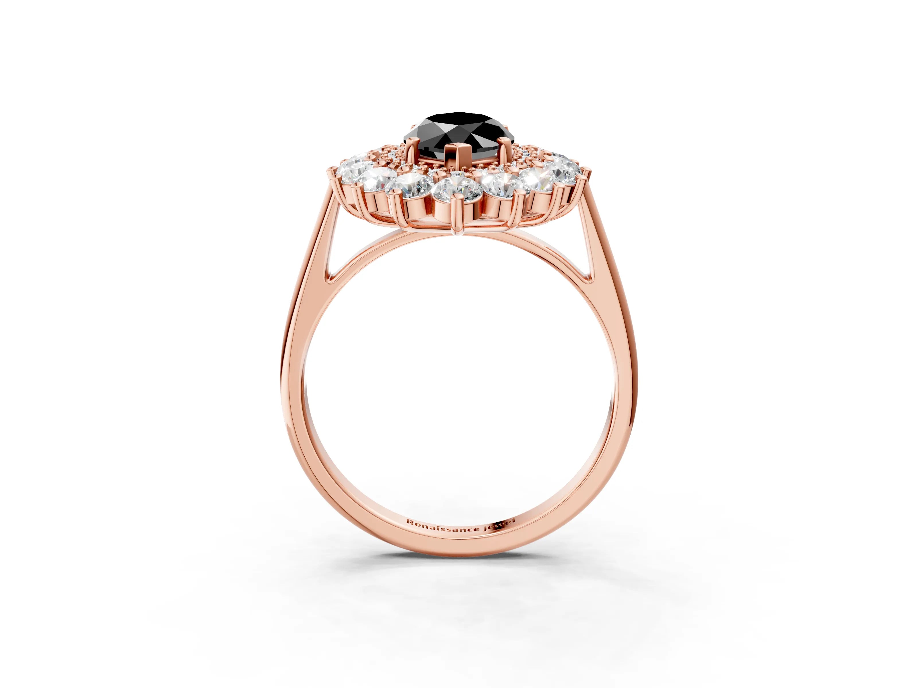 Rose gold Fancy Black Marquise Cut Halo Cluster Diamond Ring with Pave Band and Four-Prong Setting_3