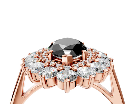 Rose gold Fancy Black Marquise Cut Halo Cluster Diamond Ring with Pave Band and Four-Prong Setting_4
