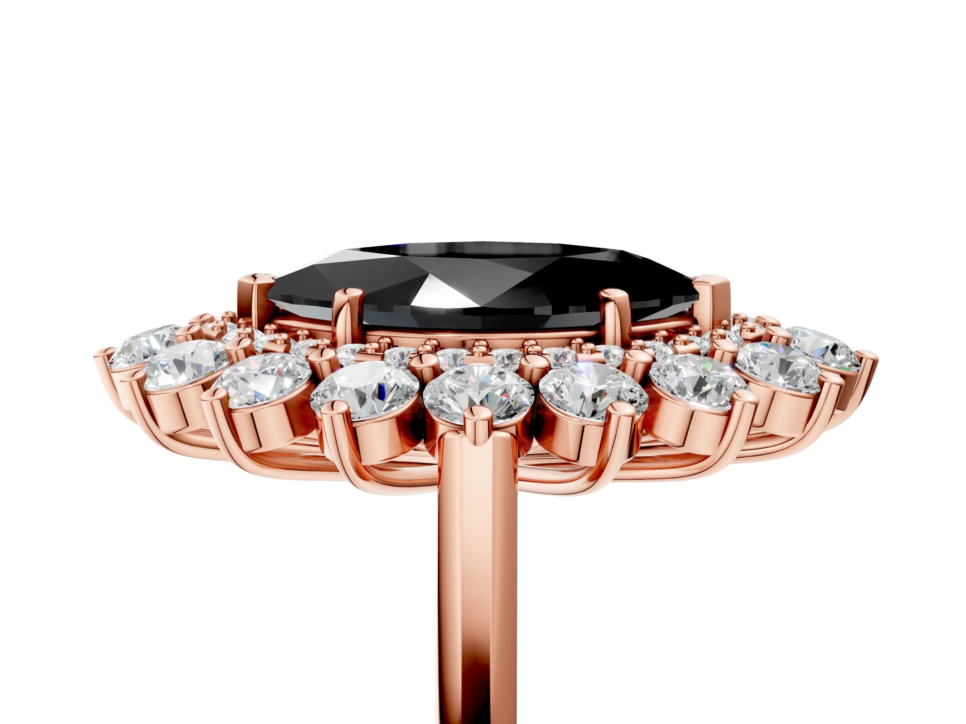 Rose gold Fancy Black Marquise Cut Halo Cluster Diamond Ring with Pave Band and Four-Prong Setting_5