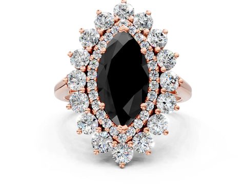 Rose gold Fancy Black Marquise Cut Halo Cluster Diamond Ring with Pave Band and Four-Prong Setting