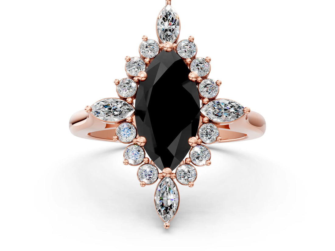Rose gold Fancy Black Marquise Cut Halo Diamond Cluster Ring with Marquise and Round Stones on a White Gold Band with Prong Setting