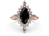 Rose gold Fancy Black Marquise Cut Halo Diamond Cluster Ring with Marquise and Round Stones on a White Gold Band with Prong Setting