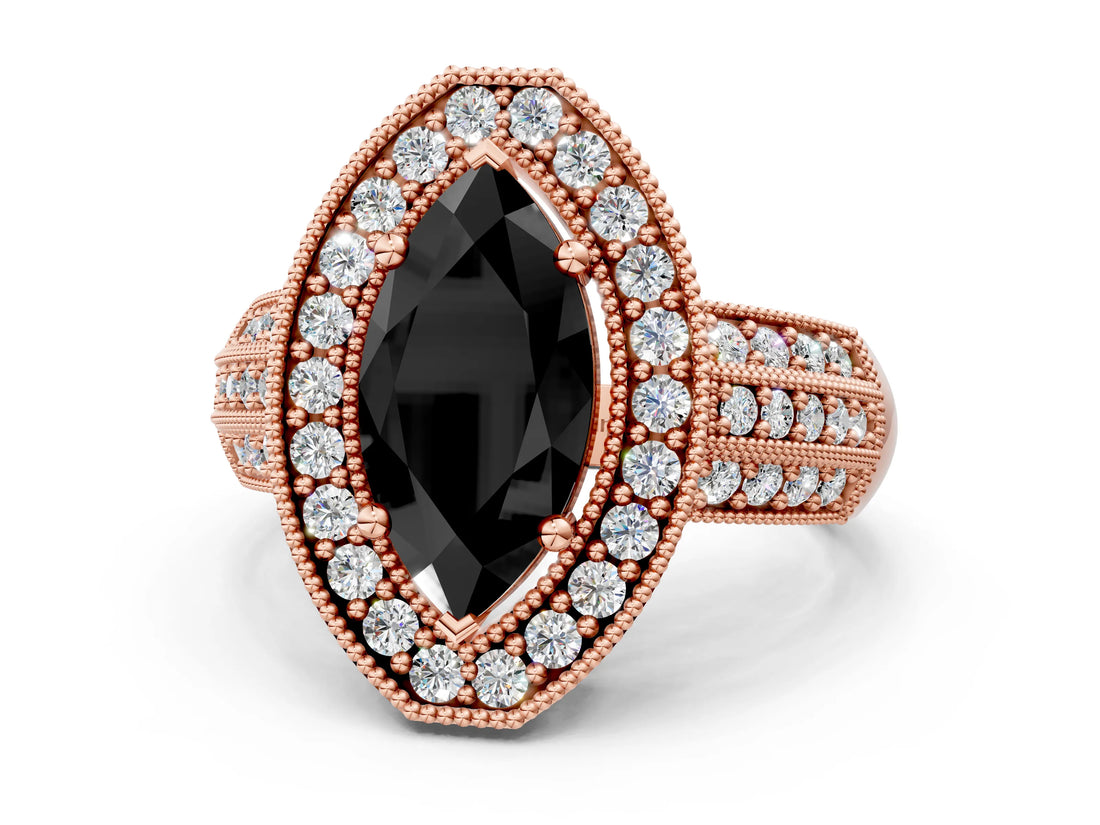 Rose gold Fancy Black Marquise Cut Halo Diamond Engagement Ring with Pave Split Shank and Four-Prong Setting