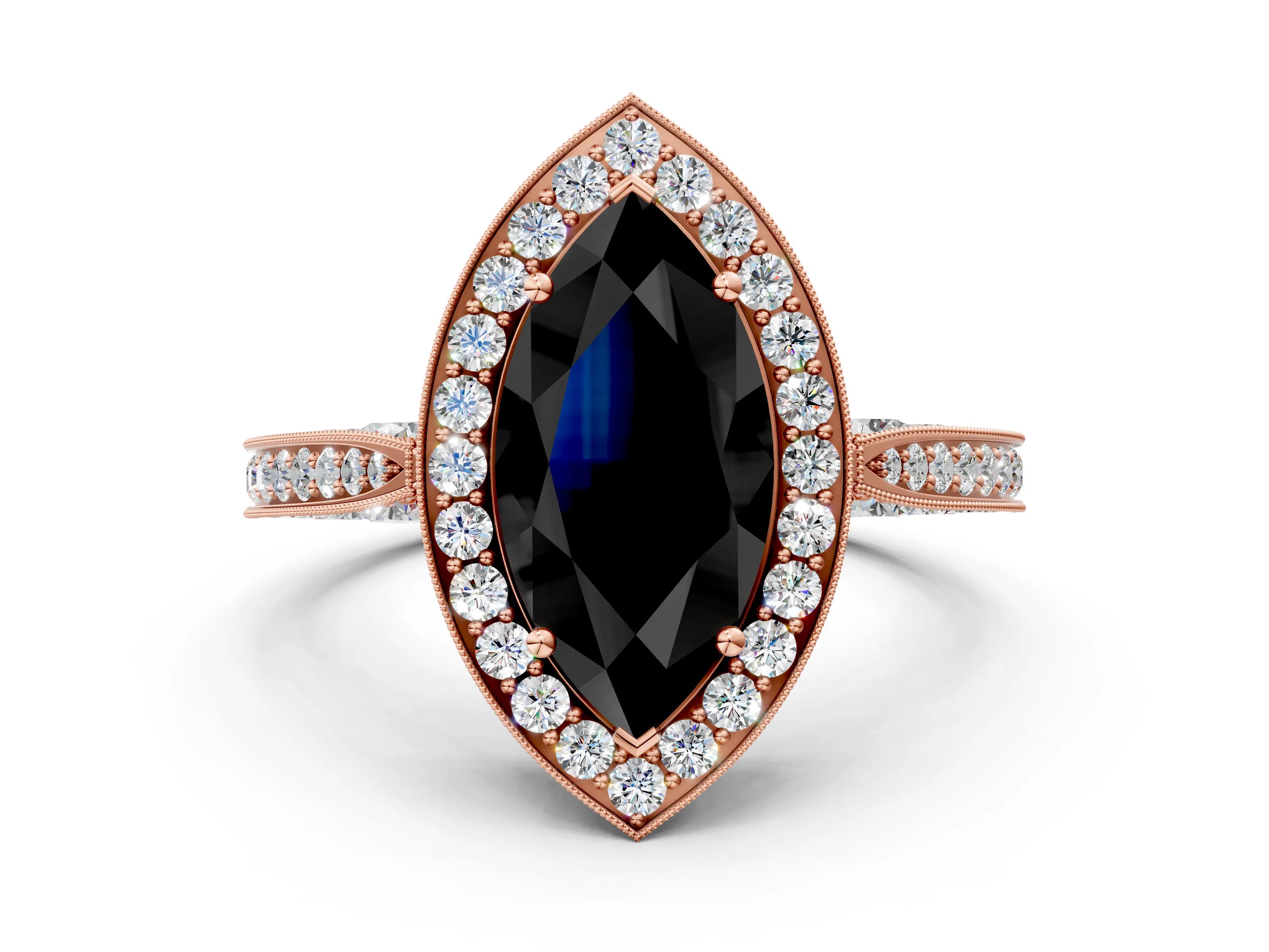 Rose gold Fancy Black Marquise Cut Halo Diamond Engagement Ring with Split Shank Band and Four-Prong Setting