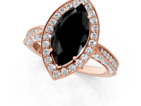 Rose gold Fancy Black Marquise Cut Halo Diamond Engagement Ring with Split Shank Band and Four-Prong Setting_1