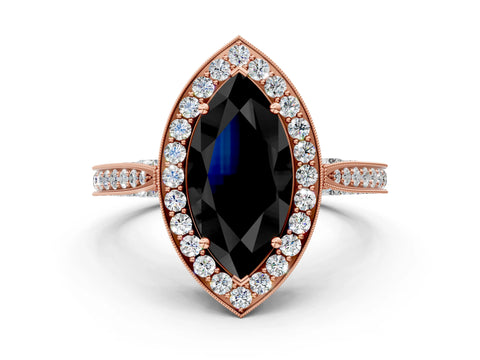 Rose gold Fancy Black Marquise Cut Halo Diamond Engagement Ring with Split Shank Band and Four-Prong Setting