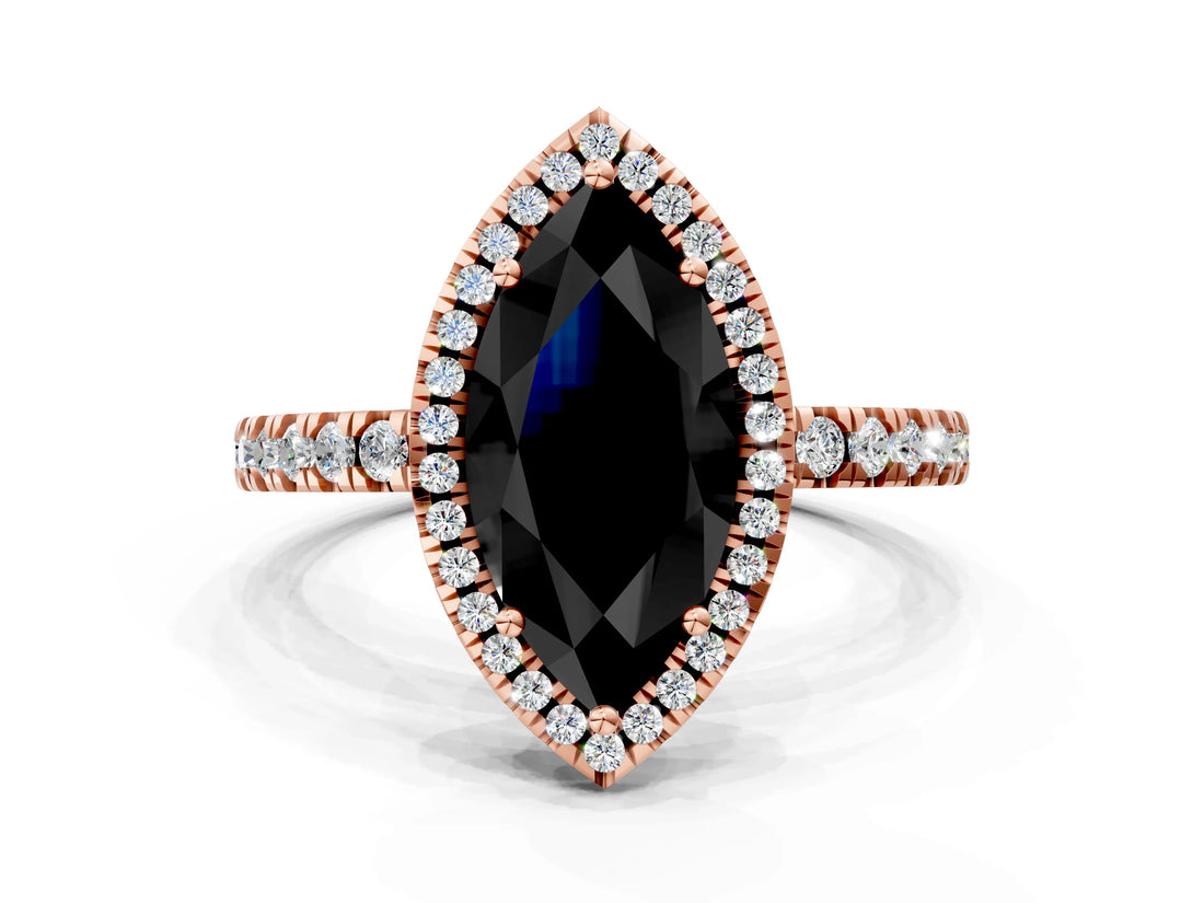 Rose gold Fancy Black Marquise Cut Halo Diamond Pave Band with Prong Setting